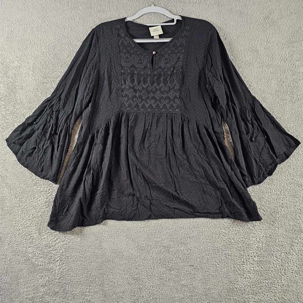 Knox Rose Womens Black Embroidered Swiss Dot Babydoll Bell Sleeve Blouse Large